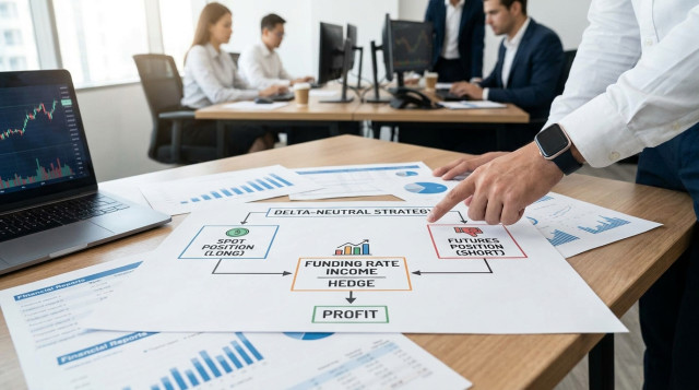 Diagrama de flujo de una estrategia delta-neutral mostrando la compensación entre posición spot y posición corta en futuros para ganar dinero online.