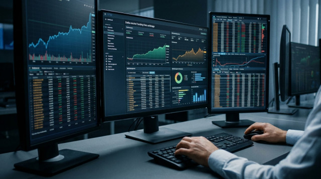 Interfaz de software financiero avanzado mostrando métricas de rendimiento y gestión de riesgos para estrategias de arbitraje de tasas.